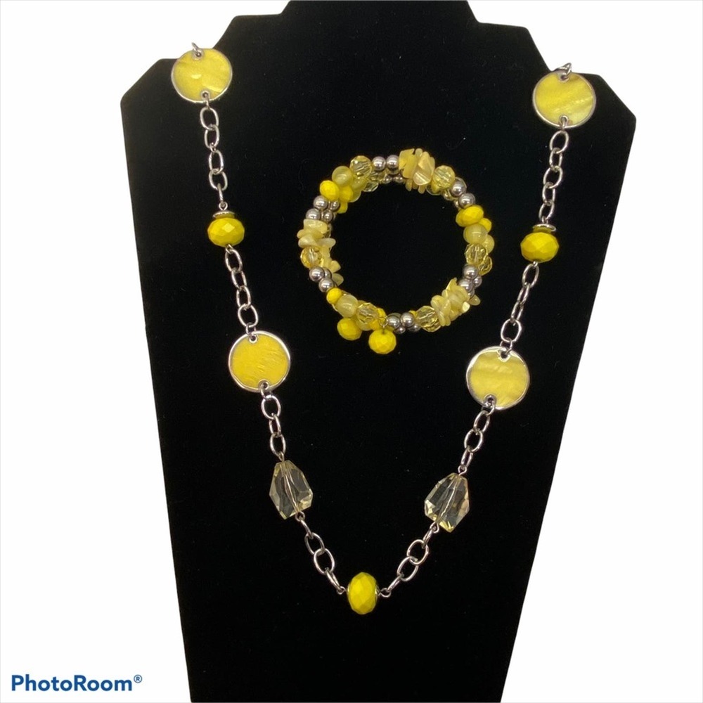 Silvertone Chain With Yellow Enamel Disks & Beads… - image 1